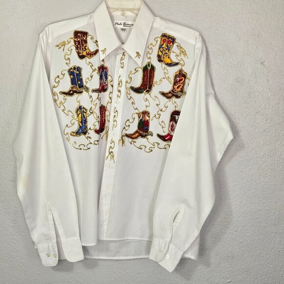 Moda Bianco Men's Vintage Cowboy Appliqued Boots Shirt Size M (15-15 l/2) - Picture 3 of 5